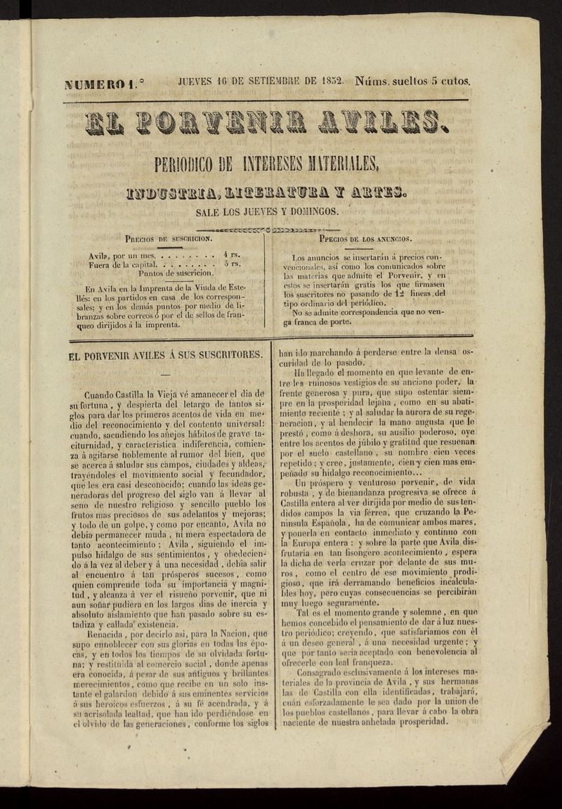 El Porvenir Avils del 16 de septiembre de 1852
