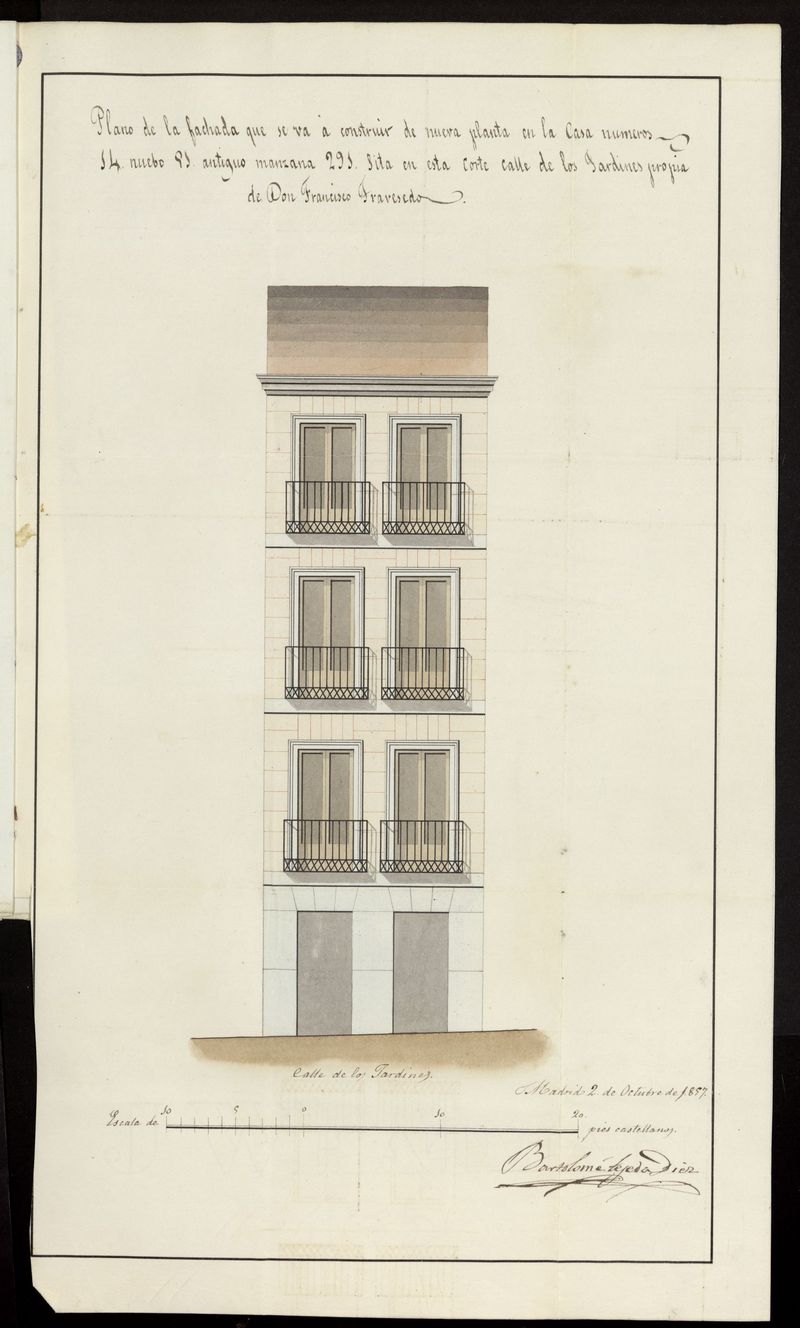 D. Francisco de Travesedo, licencia para construir de nueva planta la fachada de la casa calle de Jardines n 14. (1857)