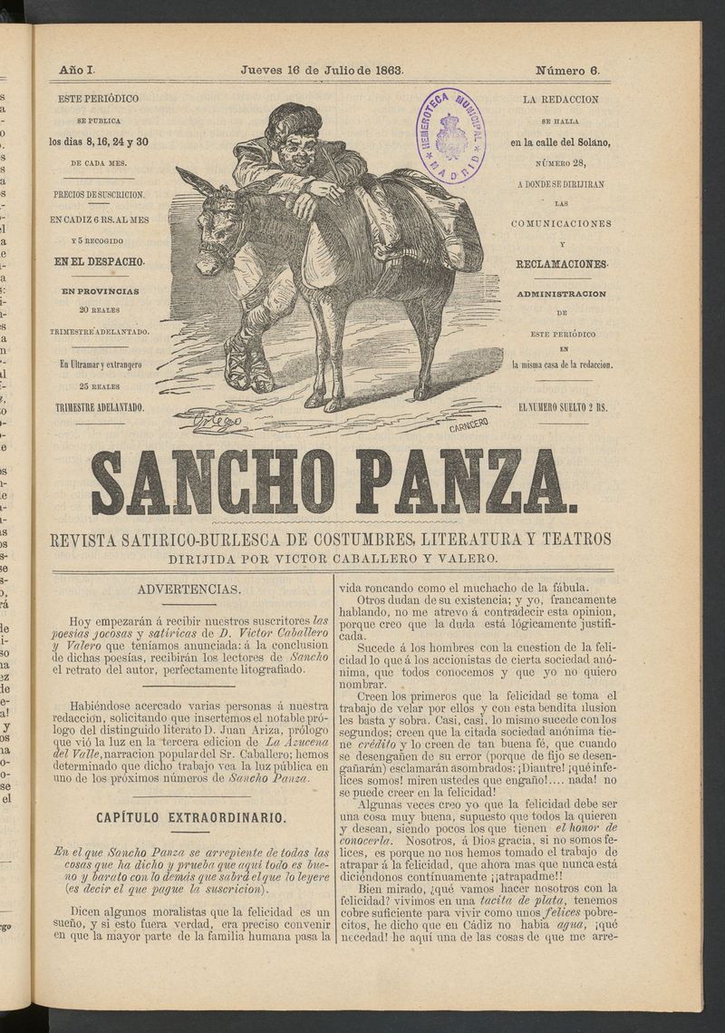 Sancho Panza (Cdiz) del 16 de julio de 1863