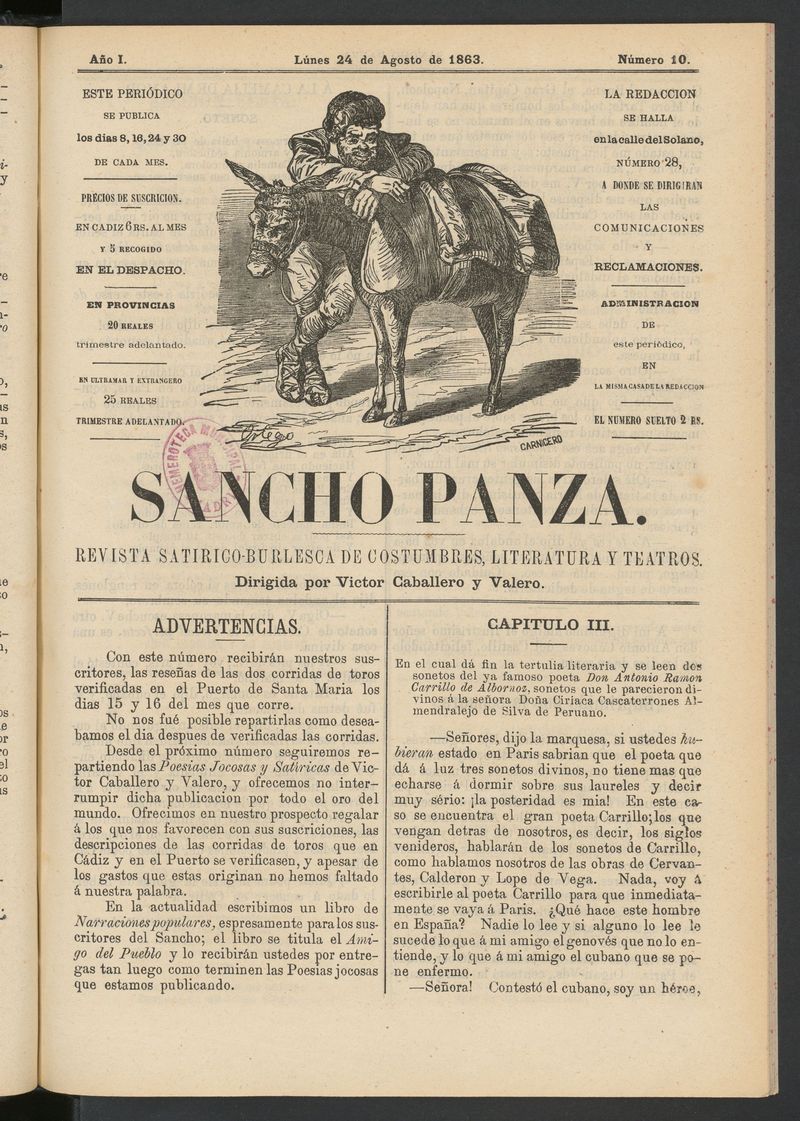 Sancho Panza (Cdiz) del 24 de agosto de 1863
