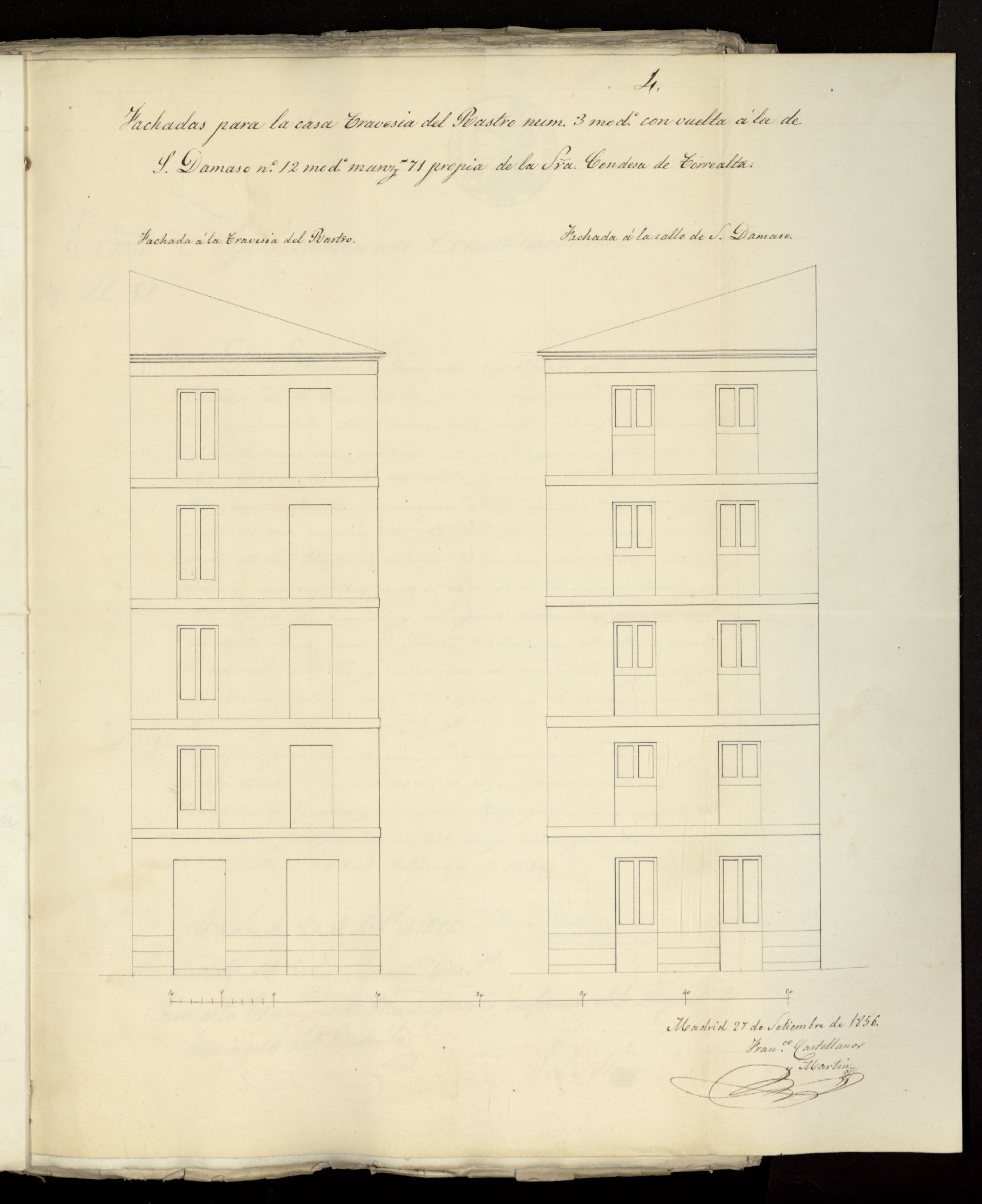 D. Marcos Gallastegui, apoderado la  S condesa de Torre Alta, licencia para edificar de nueva planta en la Travesa del Rastro, n 3. (1856)