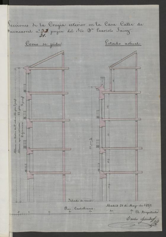 D. Evaristo Saínz, solicitando se le permita elevar su casa calle de Fuencarral nº 31, con accesorias a la de S. Onofre, en la forma que marca el plano. (1859)