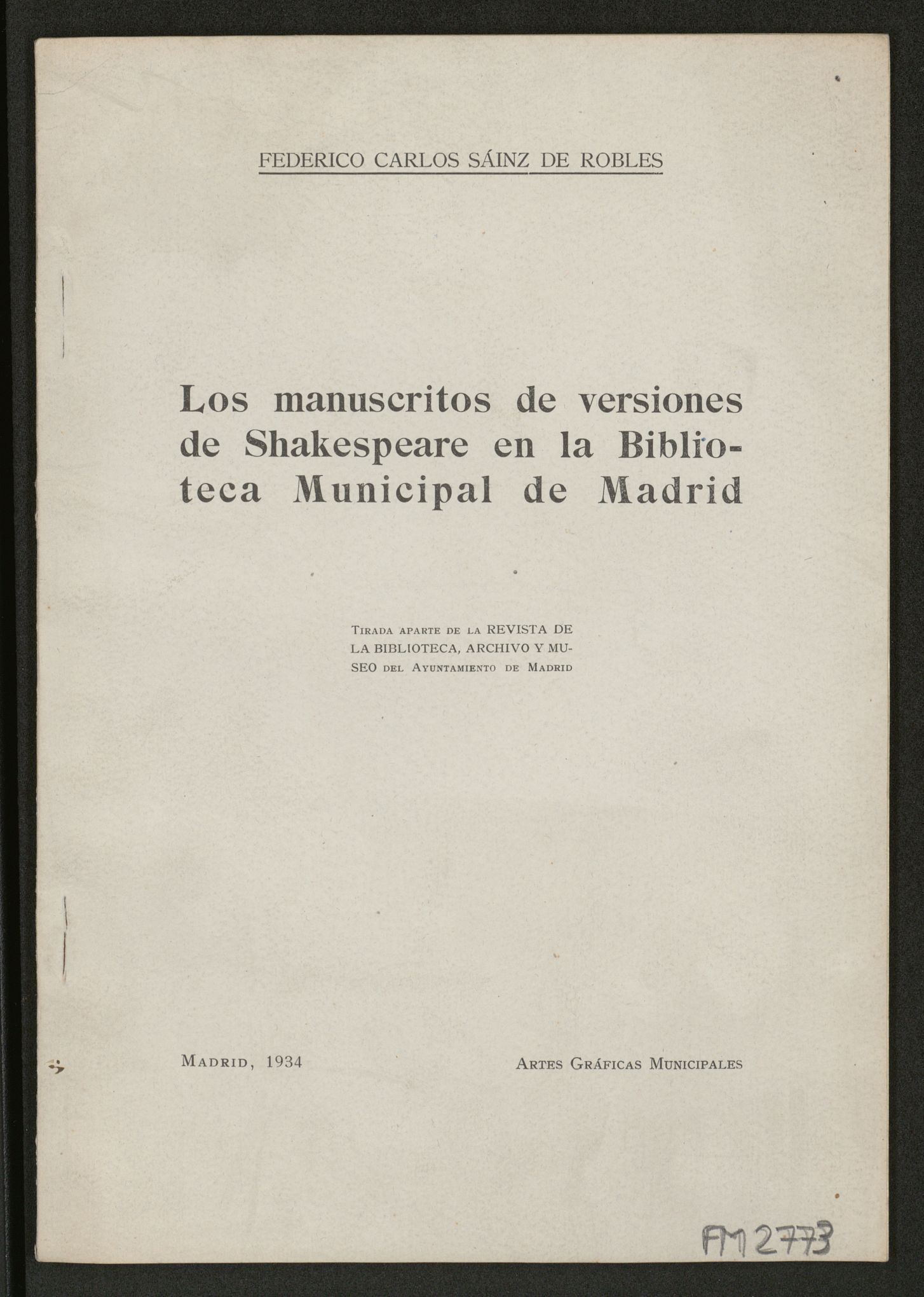 Los manuscritos de versiones de Shakespeare en la Biblioteca municipal de Madrid