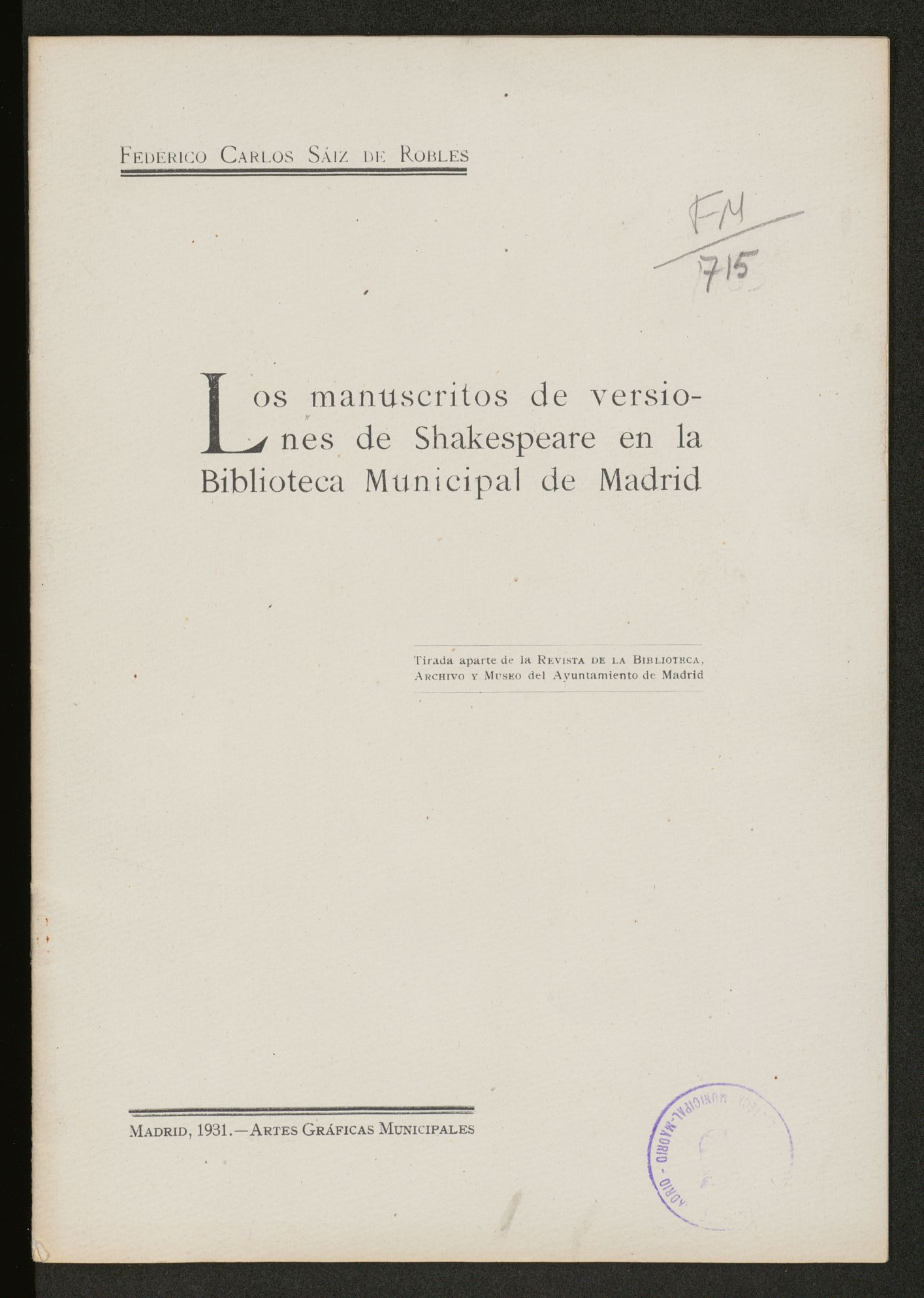 Los manuscritos de versiones de Shakespeare en la Biblioteca Municipal de Madrid