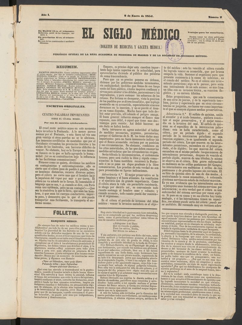 El Siglo Médico: boletín de medicina y gaceta médica del 8 de enero de 1854