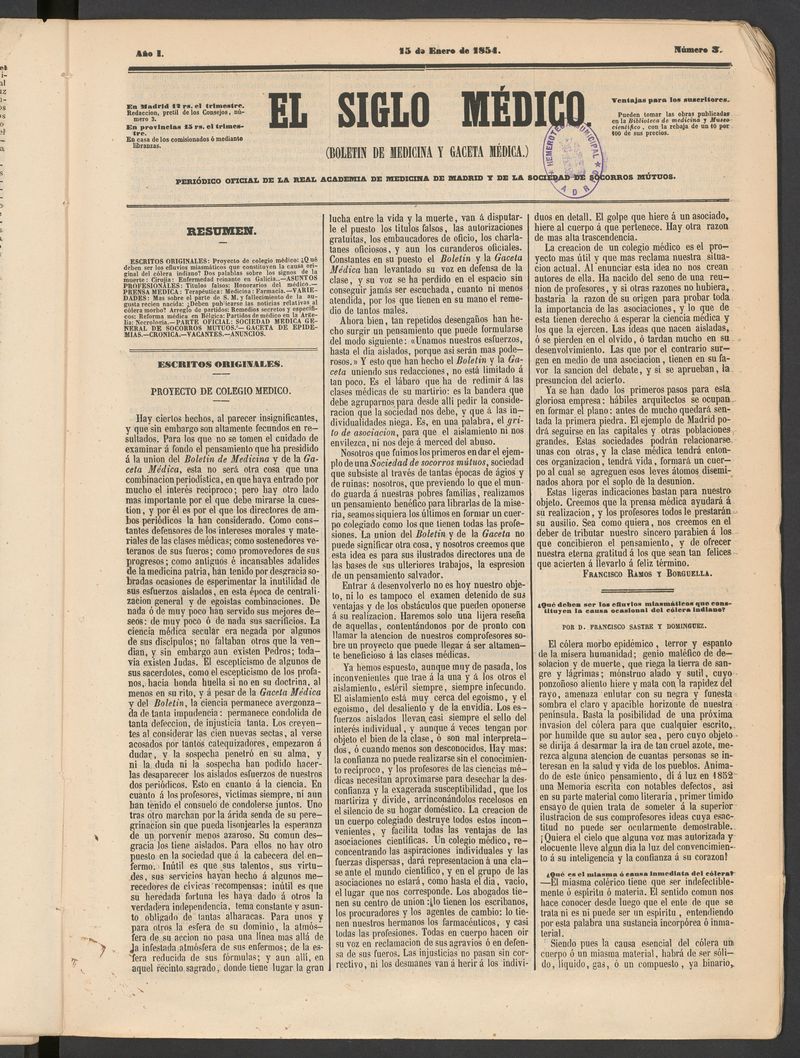 El Siglo Médico: boletín de medicina y gaceta médica del 15 de enero de 1854