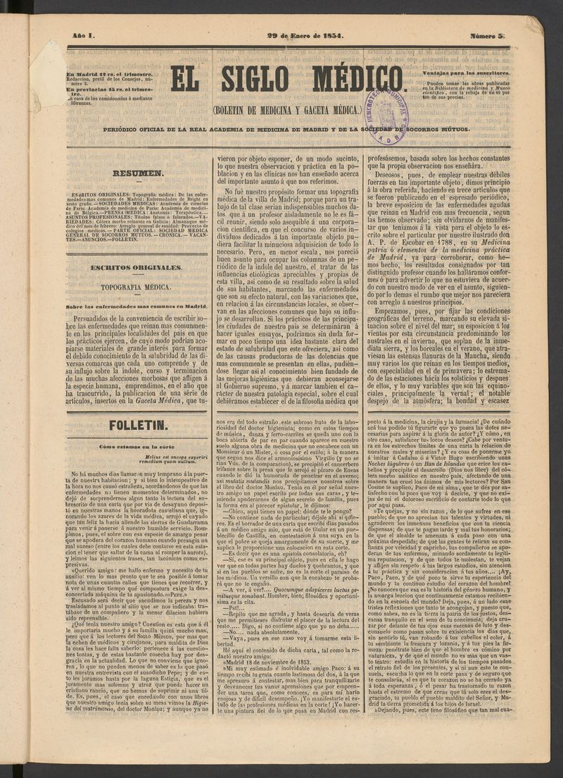 El Siglo Médico: boletín de medicina y gaceta médica del 29 de enero de 1854