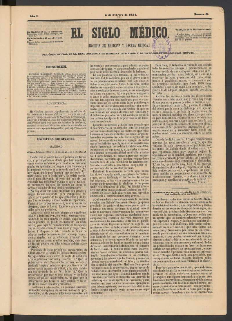 El Siglo Médico: boletín de medicina y gaceta médica del 5 de febrero de 1854