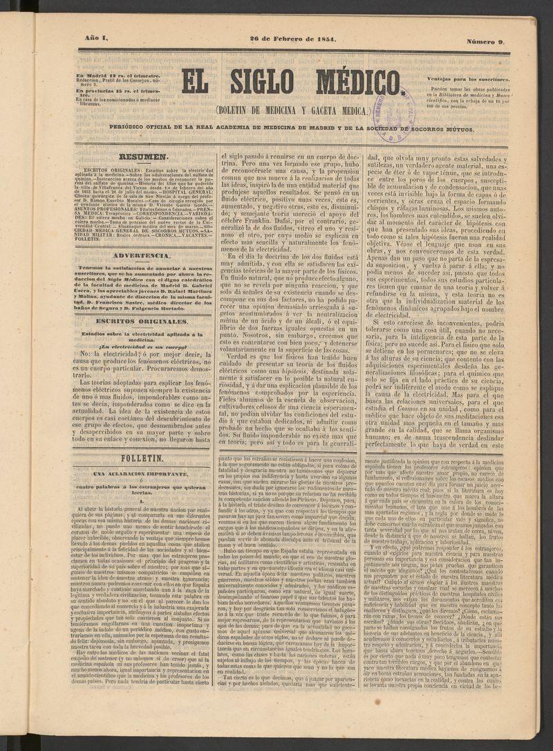 El Siglo Médico: boletín de medicina y gaceta médica del 26 de febrero de 1854