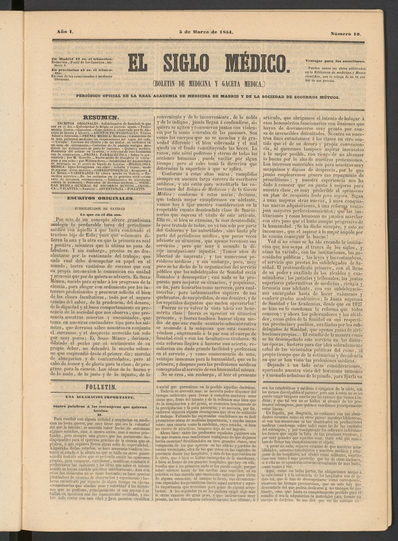 El Siglo Médico: boletín de medicina y gaceta médica del 5 de marzo de 1854
