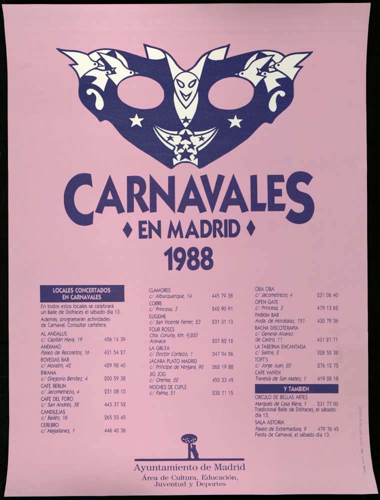 Carnavales de Madrid, 1988, locales concertados para baile de disfraces