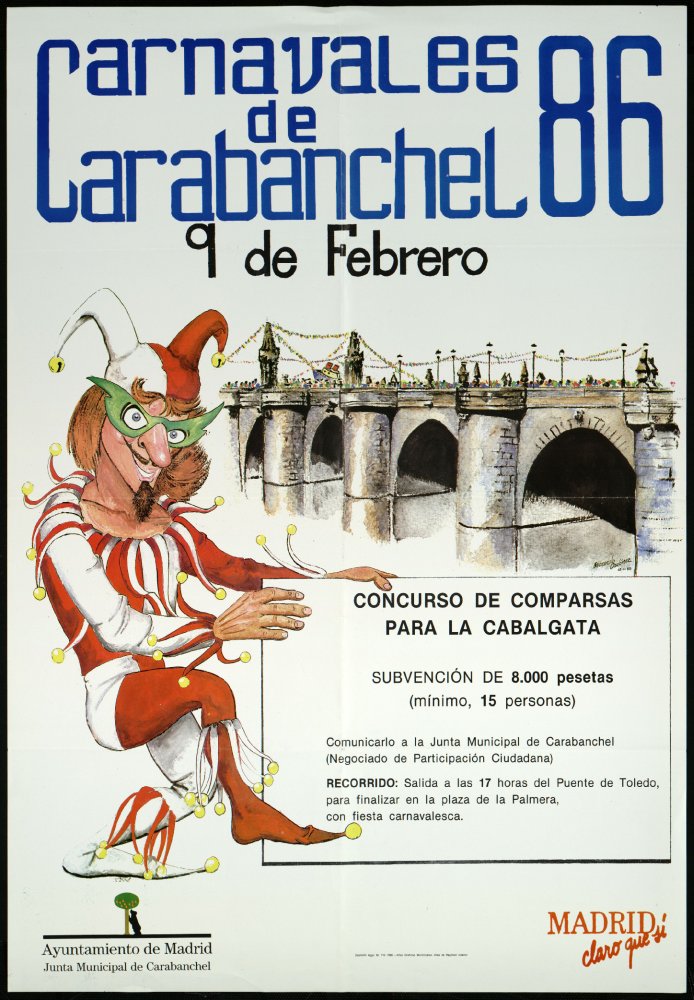 Carnavales de Carabanchel 86. 9 de febrero. Concurso de comparsas para la cabalgata. Subvención ocho mil pesetas. 