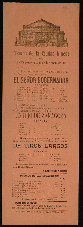 Teatro de la Ciudad Lineal: función para el día 24 de noviembre de 1907