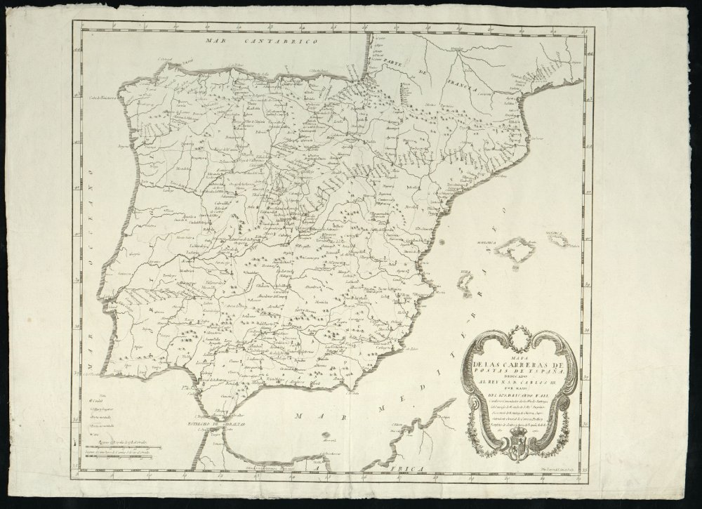 Mapa de las carreras de postas de Espaa dedicado al Rey N.S.D.Carlos III