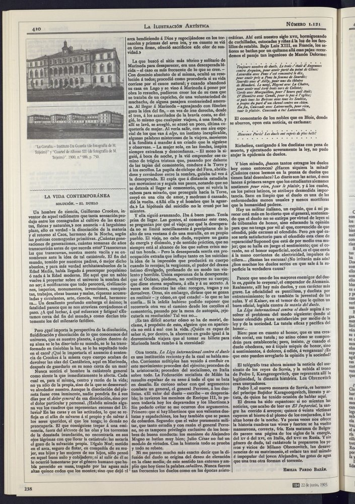Solucin. - El Duelo. Un pronstico del fin de la materia. Suicidio en La Corua. Liga contra el duelo. Regicidio en Servia.