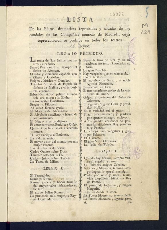 Lista de las piezas dramáticas reprobadas y sacadas de los caudales de las Compañías cómicas de Madrid, cuya representación se prohibe en todos los teatros del Reyno