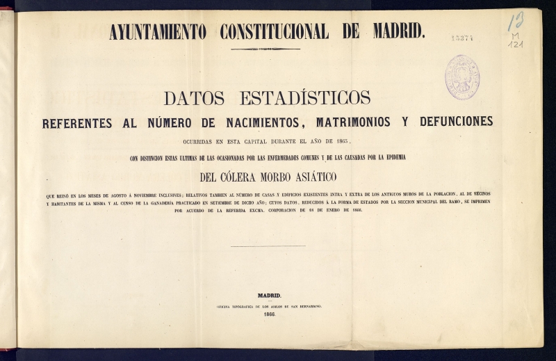 Datos estadsticos referentes al nmero de nacimientos, matrimonios y defunciones ocurridas en esta capital durante el Ao de 1868, con distincin estas ltimas de las ocasionadas por las enfermedades comunes y de las causadas por la epidemia del clera morbo asitico....