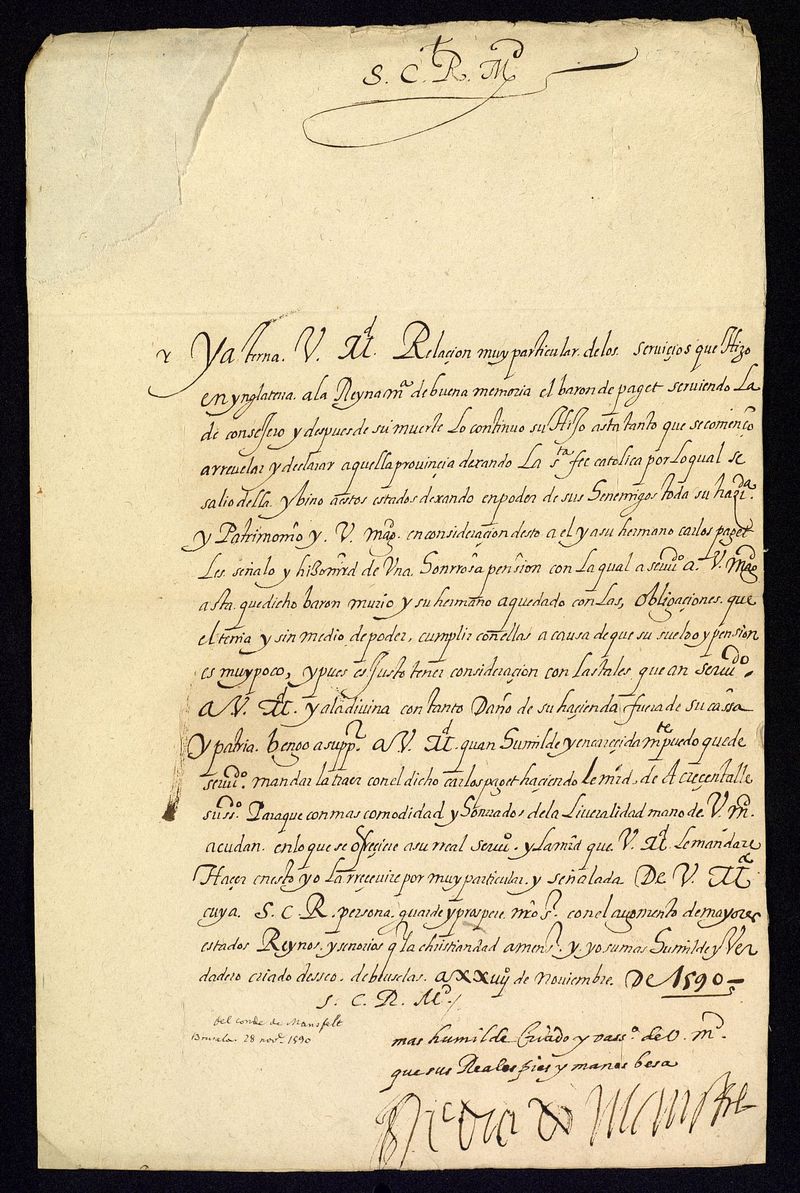 Carta del Conde de Mansfeld a Felipe II abogando por una compensacin para el barn de Paget que haba perdido la mayor parte de su hacienda en servicio del Rey