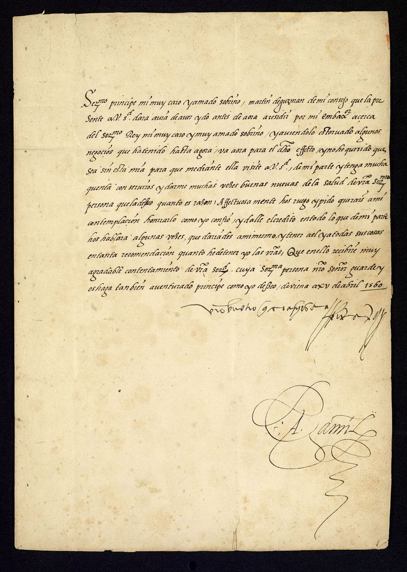 Carta del Emperador Fernando I a su sobrino nieto, el Prncipe Carlos, hijo de Felipe II, encomendndole a Martn de Guzmn, su embajador ante este ltimo, y pidiendo que le de entero crdito en lo que de su parte le diga.