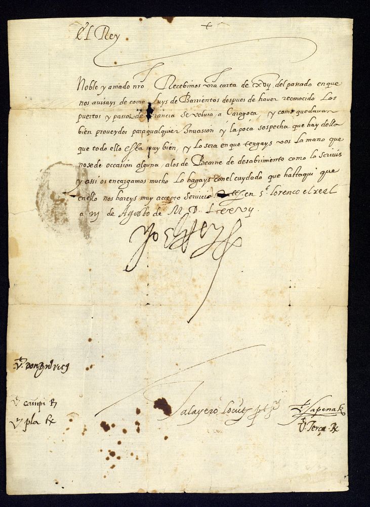 Real cdula de Felipe II a D. Juan de Bardax dndose por enterado del reconocimiento por Luis de Barrientos de los puertos y pasos de la frontera francesa