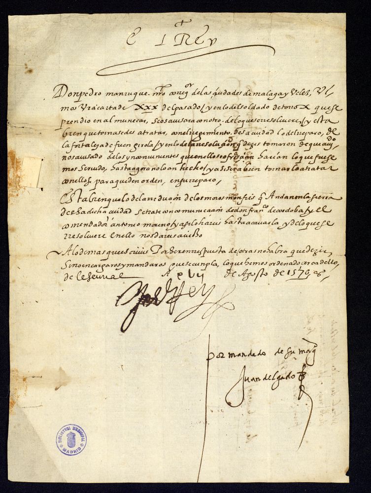 Real cdula de Felipe II a D. Pedro Manrique, corregidor de Mlaga y Vlez, sobre la reparacin de la fortaleza de Fuengirola y la persecucin de los moros monfes