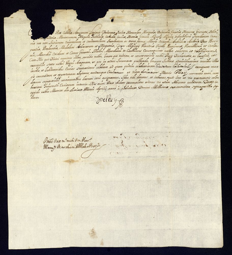 Real provisión de Carlos II a José Berenguer Bardaxi, Marqués de Cañizar convocándole para las cortes de Aragón que se celebrarán en la ciudad de Calatayud.
