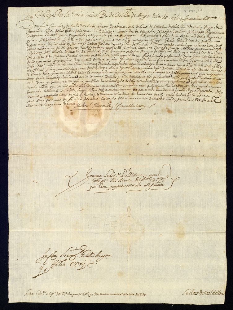 Provisin de Felipe IV, y en su nombre Francisco Fernndez de Castro, Conde de Lemos, Lugarteniente y Capitn General del reino de Aragn, a los sobrejunteros, alguaciles y otras justicias del reino de Aragn para que prendan y presenten ante la Audiencia de ese reino a Jusepe Albero, a suplicacin de Martn de Bardax, Marqus de Caizar, y de Martn Nadal.