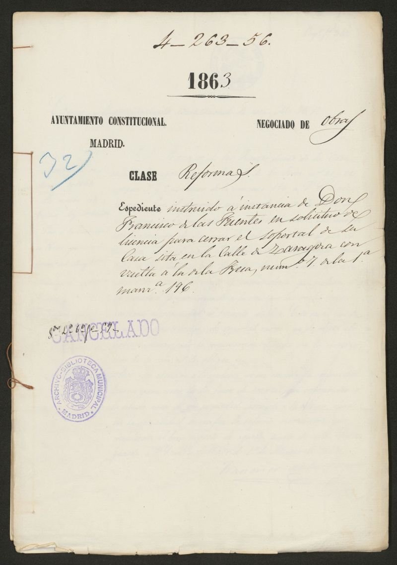 D. Francisco de las Fuentes, en solicitud de licencia para cerrar el soportal de su casa sita en la calle de Zaragoza con vuelta a la de la  Fresa n 7 de la 1, manzana 196.