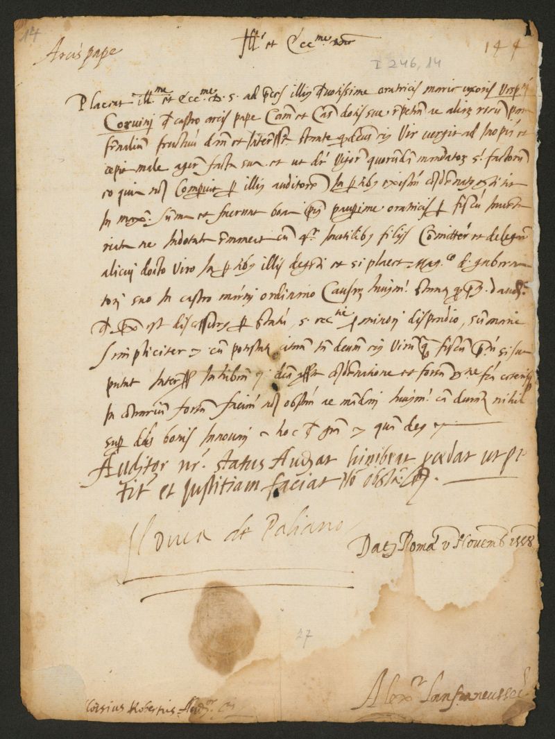 Documento escrito por Marc Antonio Colonna, duque de Paliano