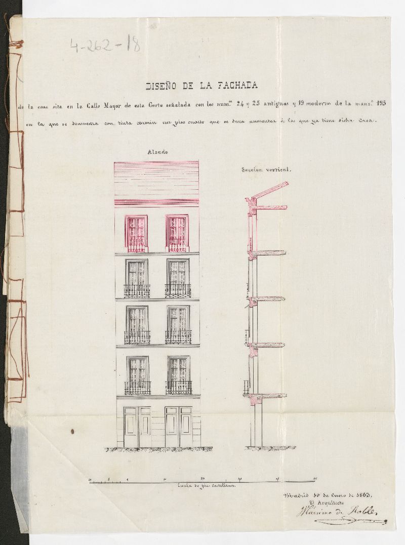 Sobre licencia para levantar un piso en la casa calle Mayor 19, moderno, pedida por D. Manuel de Eguiluz, dueos de la finca.