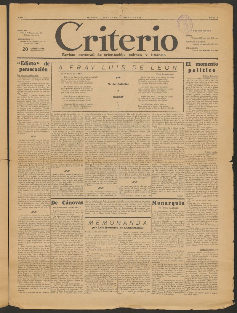 Criterio : revista semanal de orientacin poltica y literaria del 22 de octubre de 1931