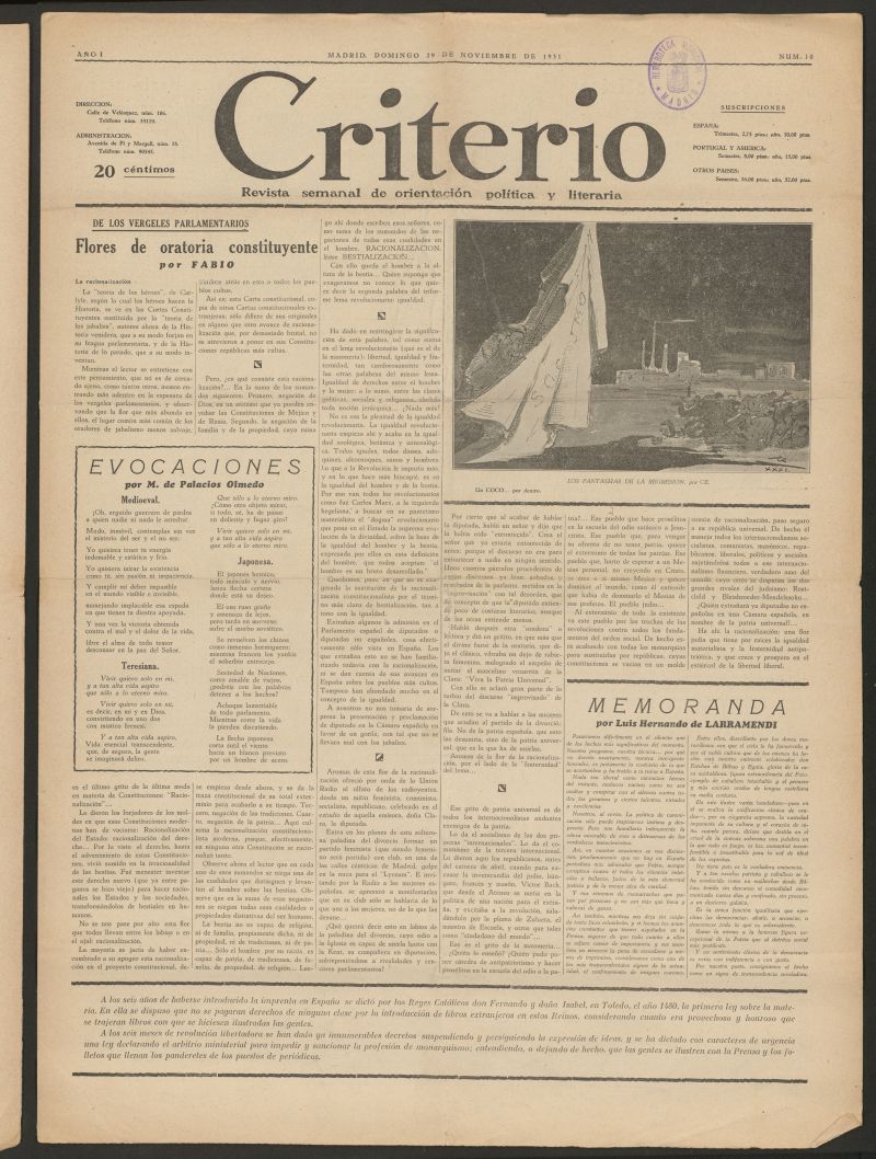 Criterio : revista semanal de orientacin poltica y literaria del 29 de noviembre de 1931