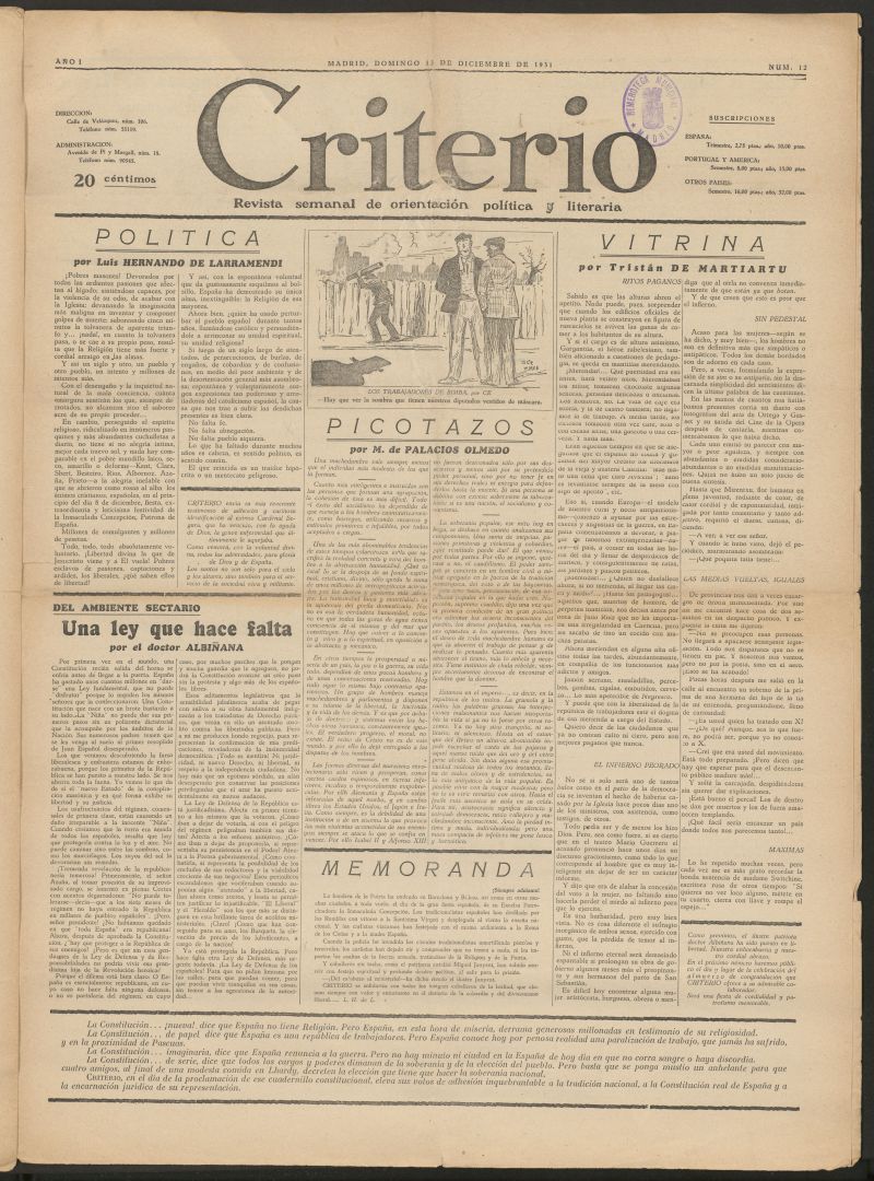 Criterio : revista semanal de orientacin poltica y literaria del 13 de diciembre de 1931