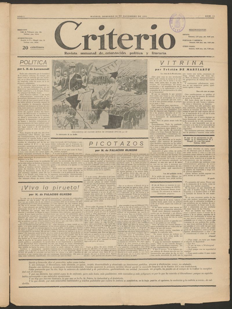 Criterio : revista semanal de orientacin poltica y literaria  del 20 de diciembre 1931