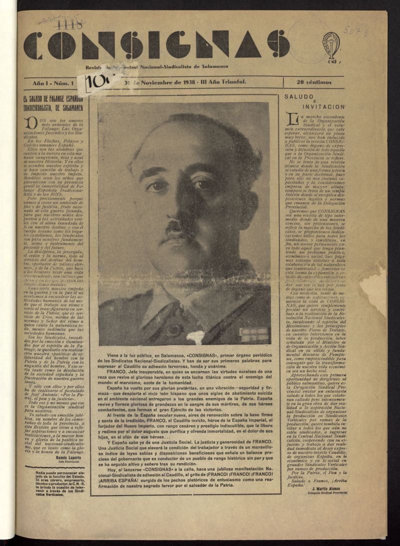 Consignas : revista de la Central Nacional-Sindicalista de Salamanca del 30 de noviembre de 1938