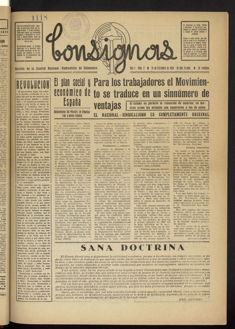 Consignas : revista de la Central Nacional-Sindicalista de Salamanca del 31 de diciembre de1938