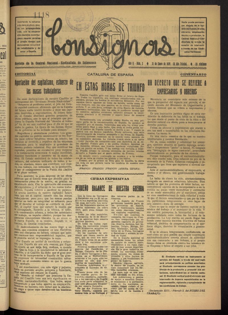 Consignas : revista de la Central Nacional-Sindicalista de Salamanca del 31 de enero de 1939