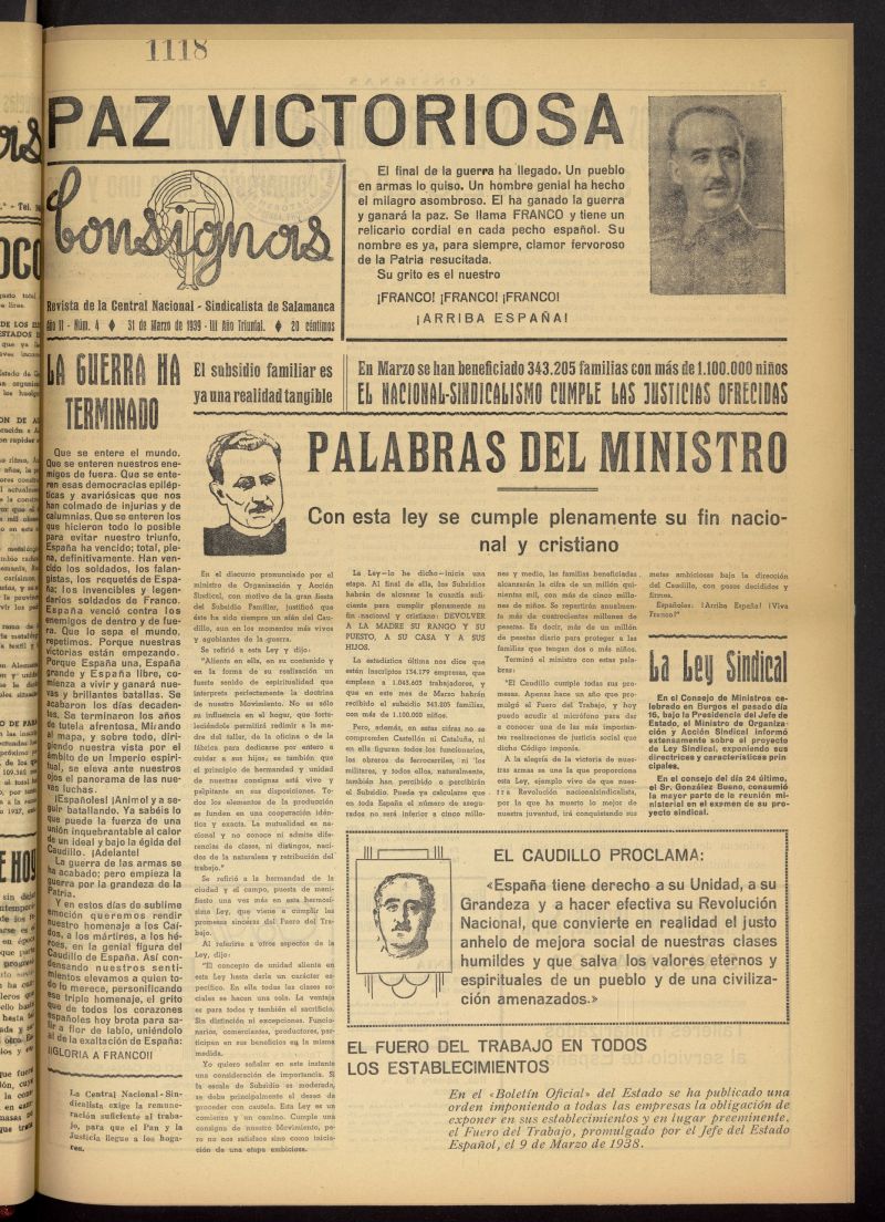 Consignas : revista de la Central Nacional-Sindicalista de Salamanca del 31 de marzo de 1939
