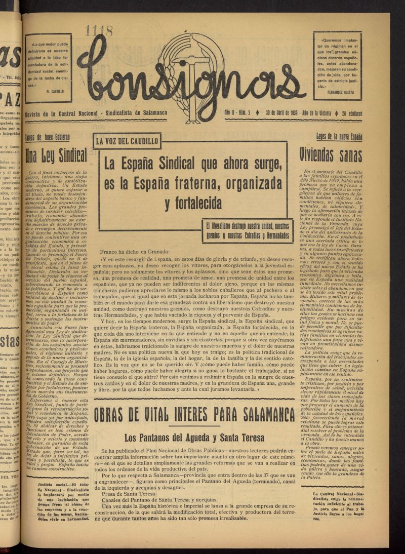 Consignas : revista de la Central Nacional-Sindicalista de Salamanca del 30 de abril de 1939