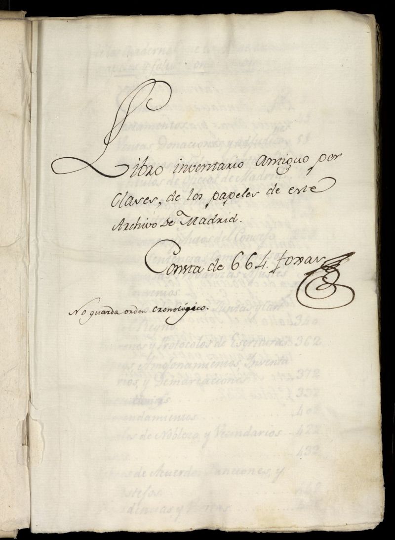 Libro inventario antiguo por claves, de los papeles de este Archivo de Madrid
