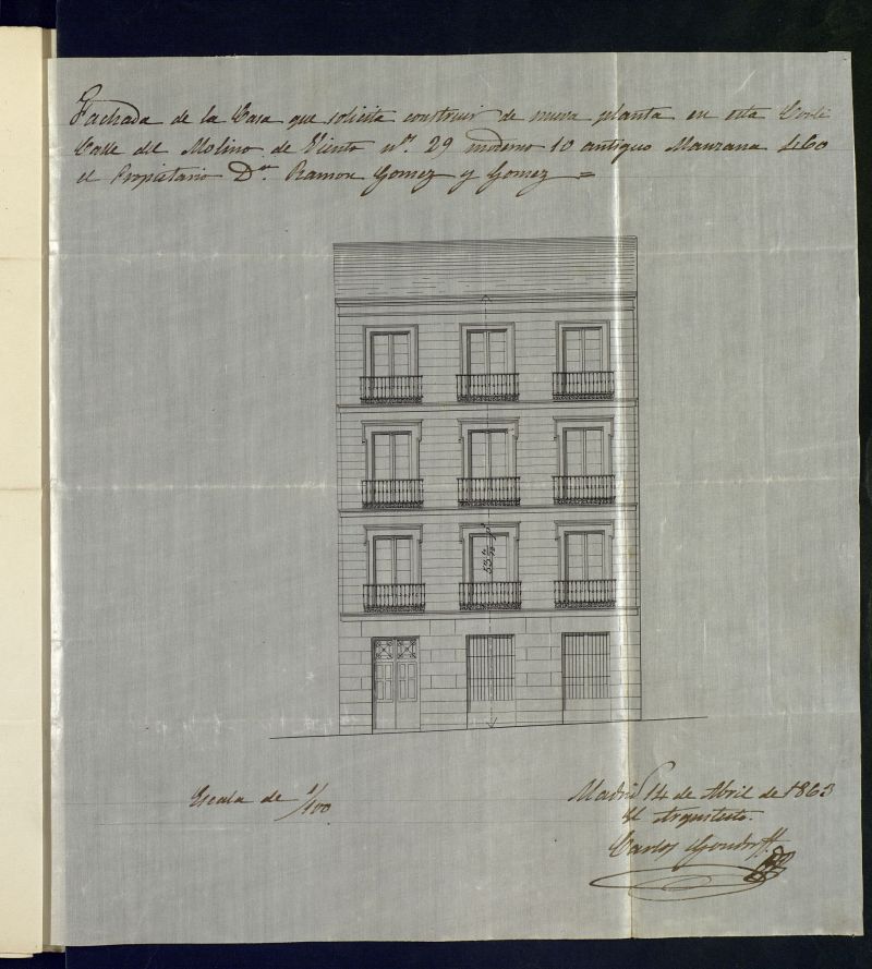D. Ramón Gómez y Gómez, en solicitud de licencia para construir de nueva planta su casa sita en la calle de Molino de Viento nº 29, manzana 460.