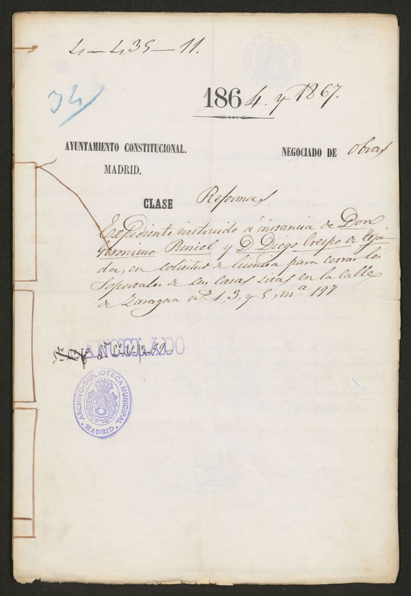 D. Gernimo Puniel y D. Diego Crespo de Tejada, en solicitud de licencia para cerrar los soportales de sus casas sitas, en la calle de Zaragoza ns 1, 3 y 5, manzana 197.