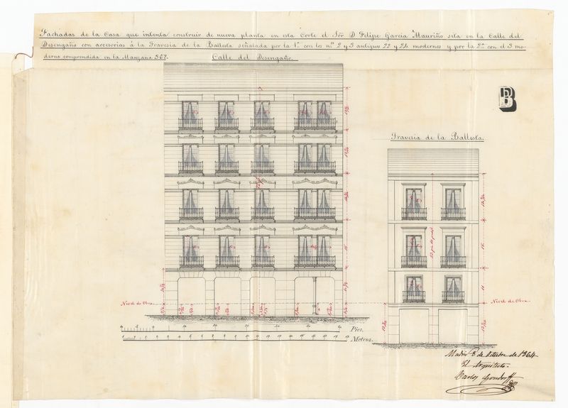 D. Felipe García Mariño, en solicitud de licencia para construir dos casas de su propiedad, sitas en la calle del Desengaño, nº 22 y 24 modernos, con accesorias a la Travesía de la Ballesta, nº 3, manzana 368.