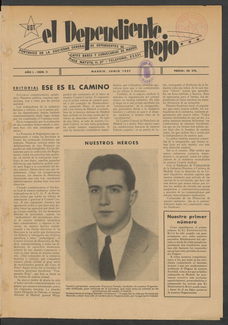 El Dependiente Rojo : portavoz de la Sociedad General de Dependientes de Cafs, Bares y Cerveceras de Madrid de junio de 1937