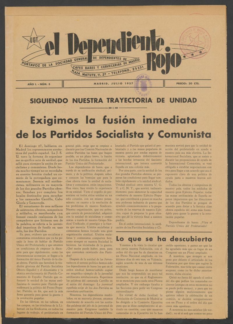 El Dependiente Rojo : portavoz de la Sociedad General de Dependientes de Cafs, Bares y Cerveceras de Madrid de julio de 1937