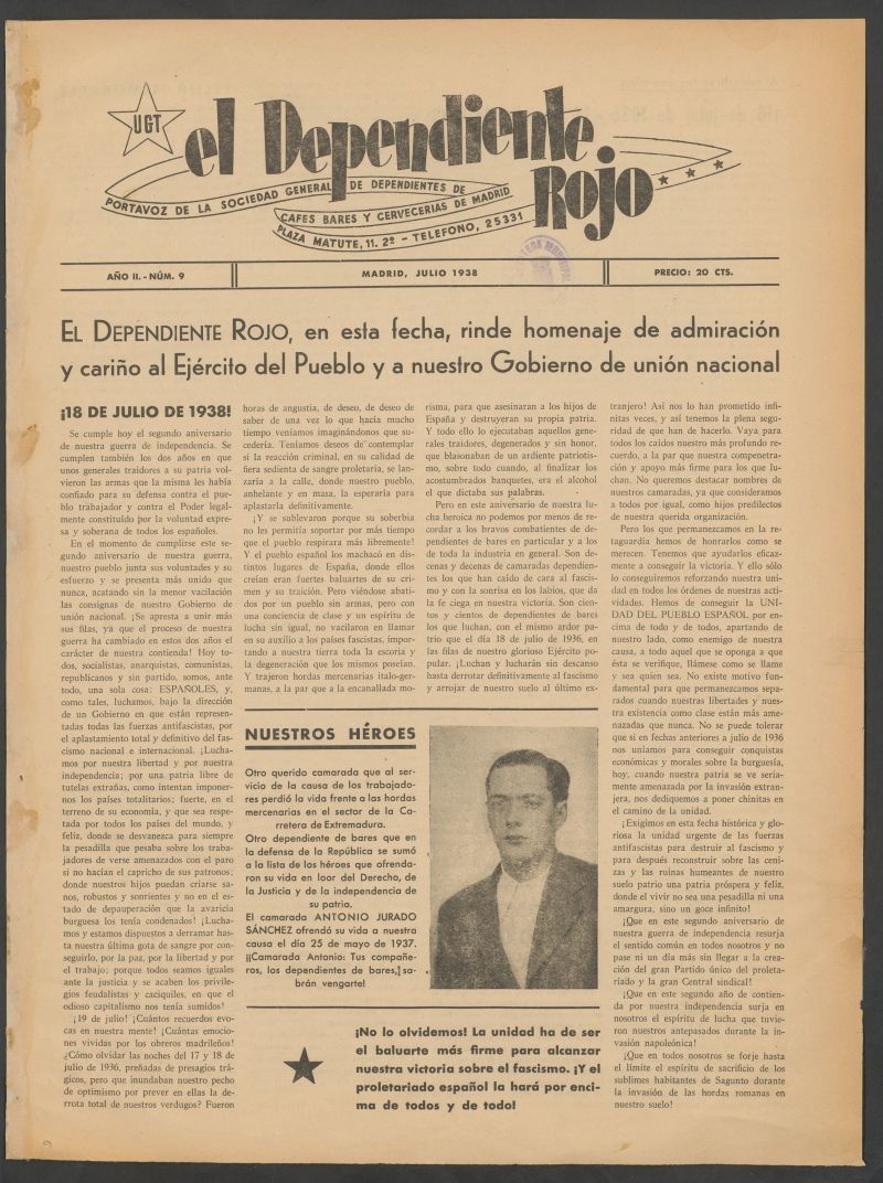 El Dependiente Rojo : portavoz de la Sociedad General de Dependientes de Cafs, Bares y Cerveceras de Madrid de julio de 1938