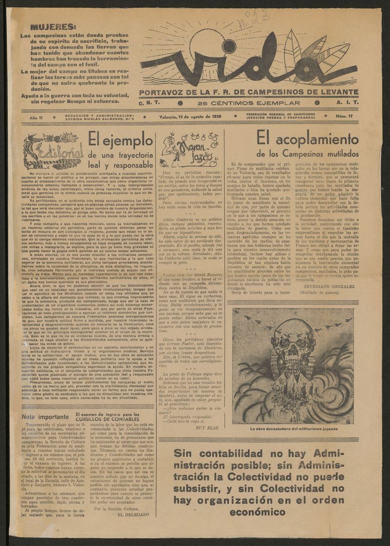 Vida : portavoz de la F.R. de Campesinos de Levante : CNT, AIT del 13 de agosto de 1938