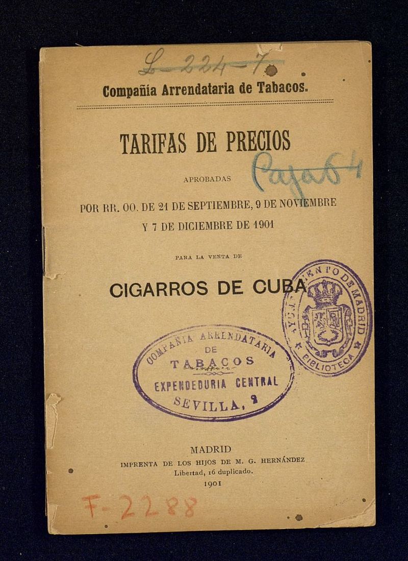 Tarifas de precios para la venta de cigarros de Cuba : aprobadas por RR. OO. de 21 de septiembre, 9 de noviembre y 7 de diciembre de 1901