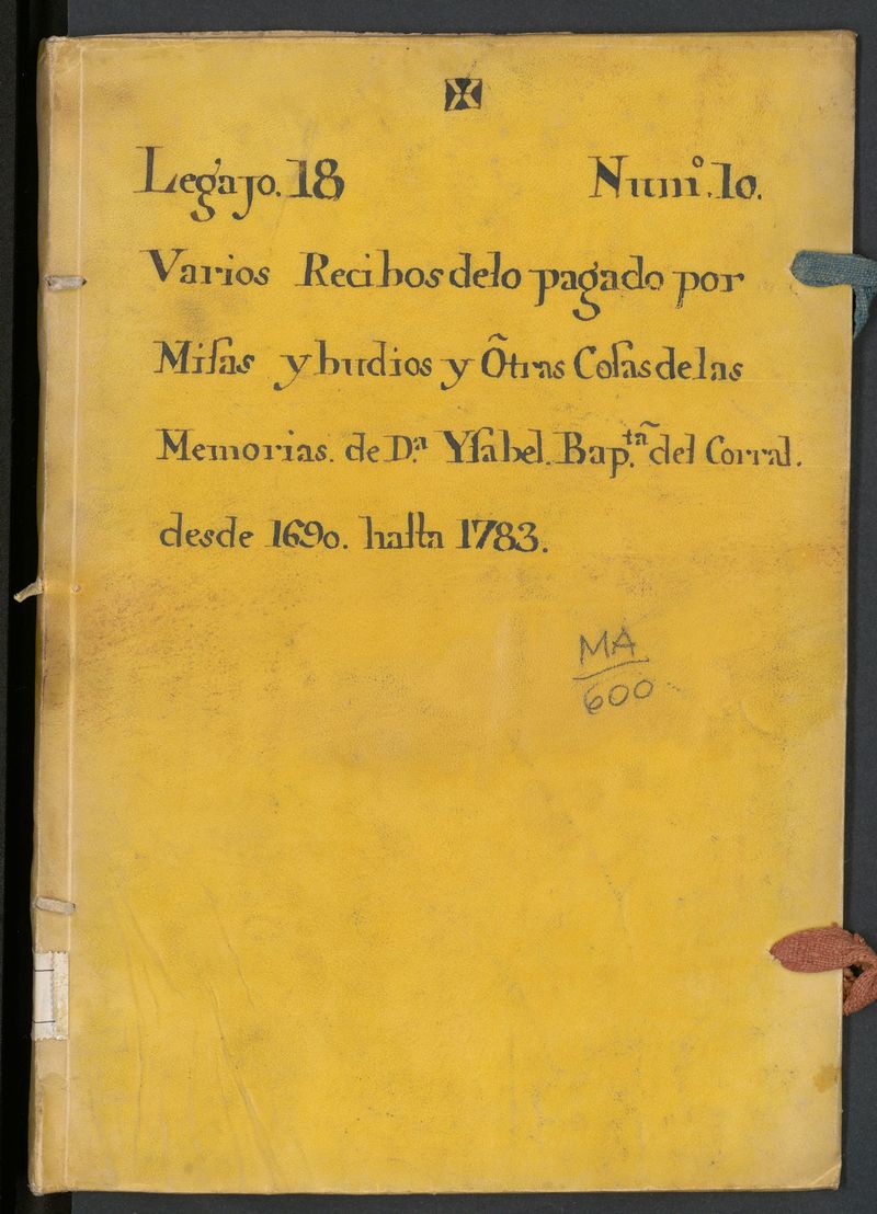 Varios recibos de lo pagado por misas y budios y otras cosas de las memorias de D[o]a Ysabel Bap[tis]ta del Corral: desde 1690 hasta 1783.