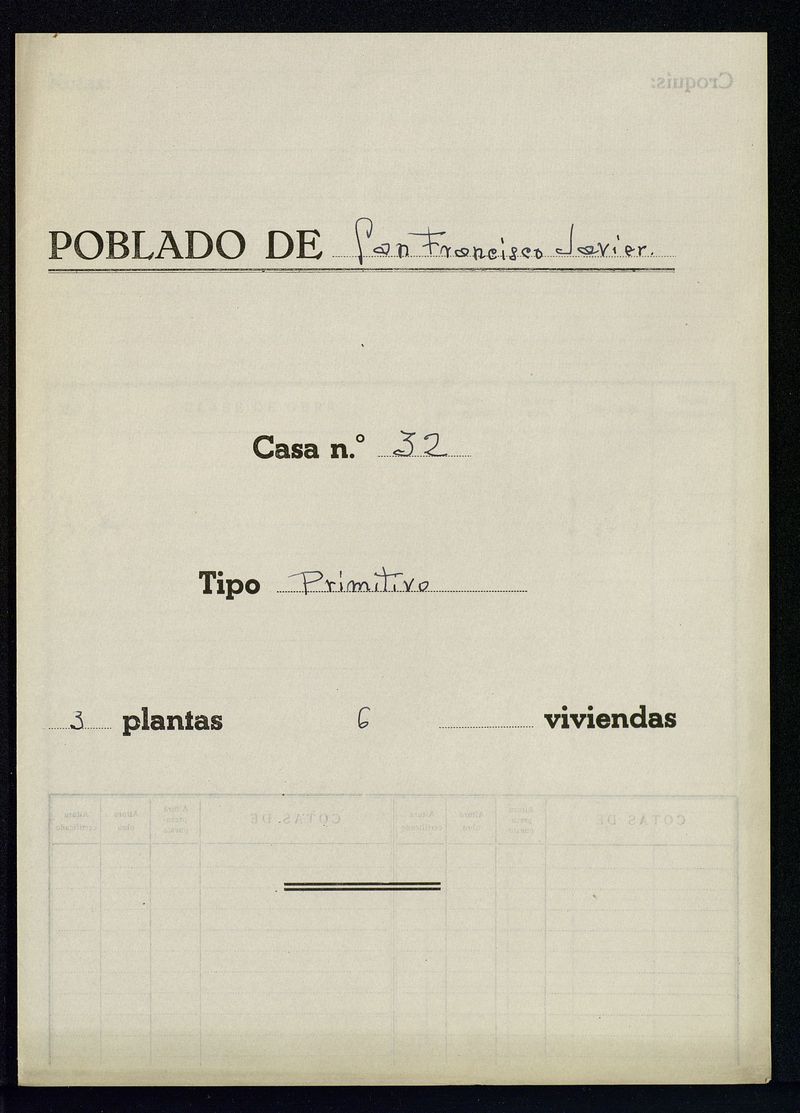 Colonia Municipal de San Francisco Javier: Proyecto reformado de la Colonia [440 viviendas, 8 viviendas de maestros y 2 grupos escolares]. Incluye: mediciones de casa nmero 32, tipo primitiva (3 plantas con 6 viviendas)